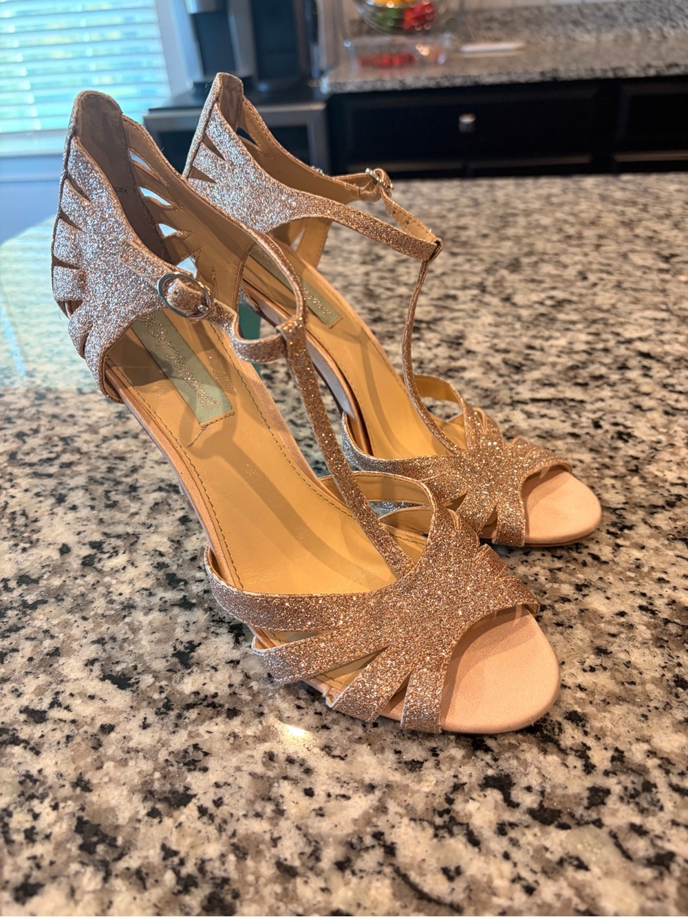 Betsy Johnson Women’s 9 Glitter T-Strap Open-Toe Heels in Gold